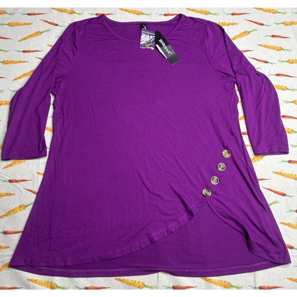 Allegra K Tunic Top Button Accent 3/4 Sleeve Casual Blouse LARGE Purple 0016 NWT